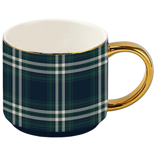 Navy Plaid 14 oz Gold Handle Coffee Mug - Coffee Mugs