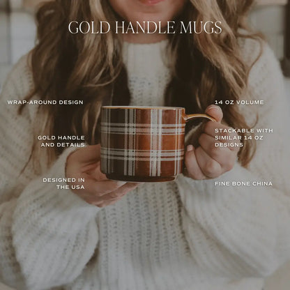 Navy Plaid 14 oz Gold Handle Coffee Mug - Coffee Mugs