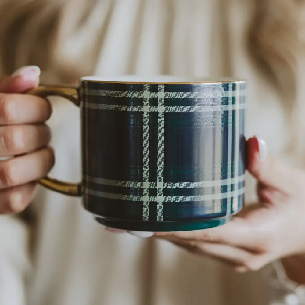 Navy Plaid 14 oz Gold Handle Coffee Mug - Coffee Mugs