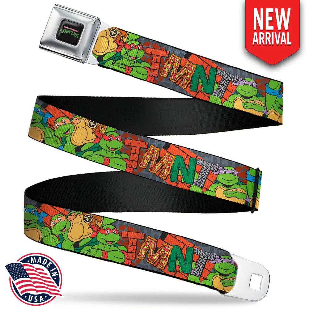 TEENAGE MUTANT NINJA TURTLES Logo Full Color Black Seatbelt Belt - Ninja Turtles TMNT Icons Logo and Group Pose Webbing