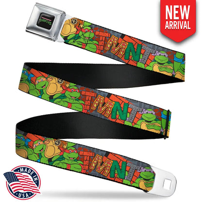 TEENAGE MUTANT NINJA TURTLES Logo Full Color Black Seatbelt Belt - Ninja Turtles TMNT Icons Logo and Group Pose Webbing