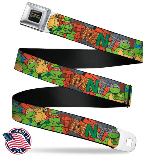 TEENAGE MUTANT NINJA TURTLES Logo Full Color Black Seatbelt Belt - Ninja Turtles TMNT Icons Logo and Group Pose Webbing