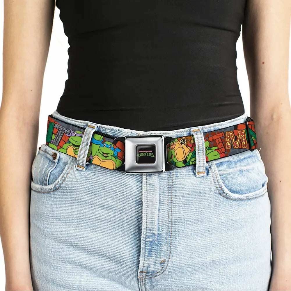 TEENAGE MUTANT NINJA TURTLES Logo Full Color Black Seatbelt Belt - Ninja Turtles TMNT Icons Logo and Group Pose Webbing
