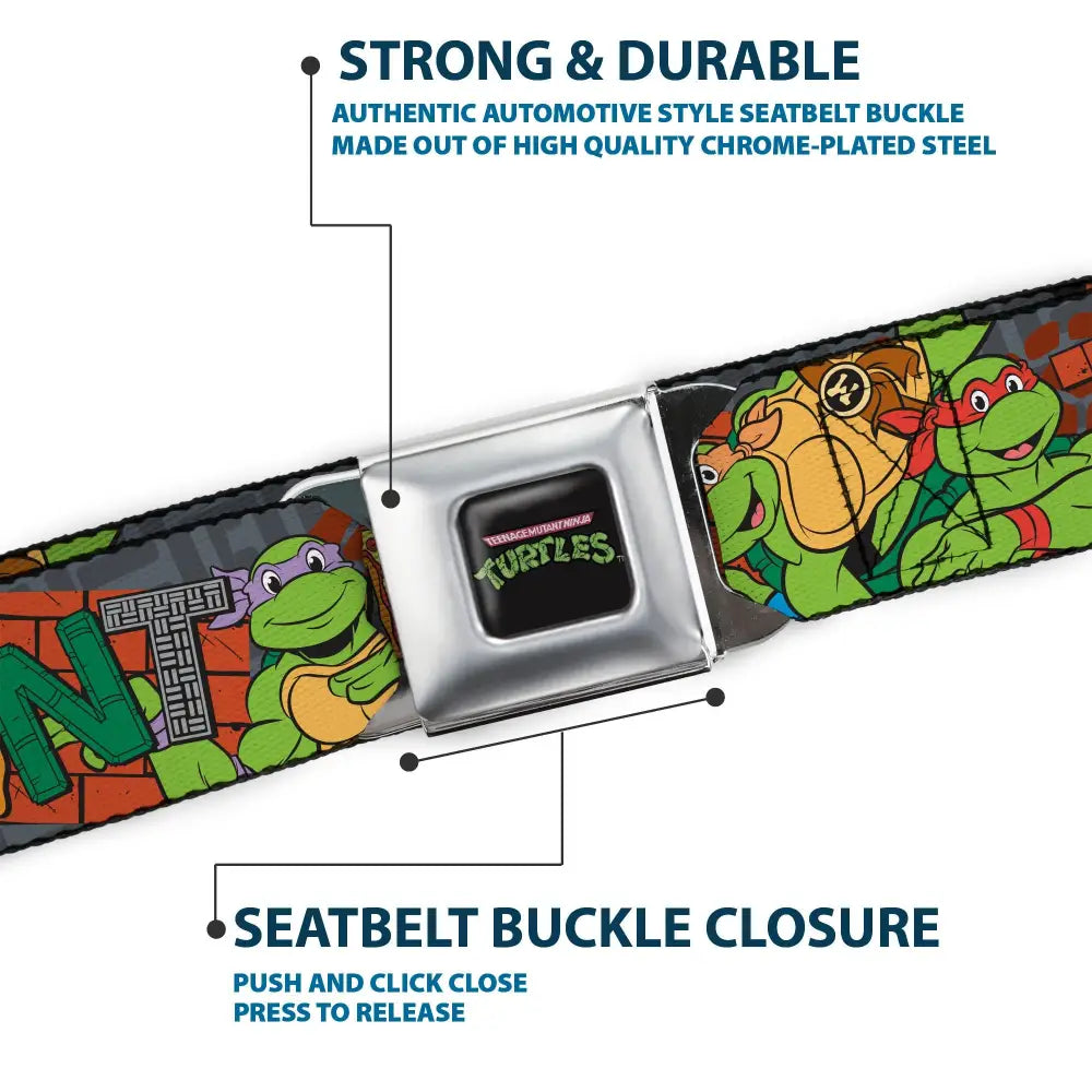 TEENAGE MUTANT NINJA TURTLES Logo Full Color Black Seatbelt Belt - Ninja Turtles TMNT Icons Logo and Group Pose Webbing