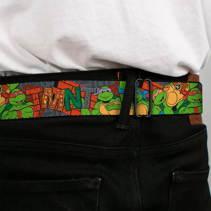 TEENAGE MUTANT NINJA TURTLES Logo Full Color Black Seatbelt Belt - Ninja Turtles TMNT Icons Logo and Group Pose Webbing