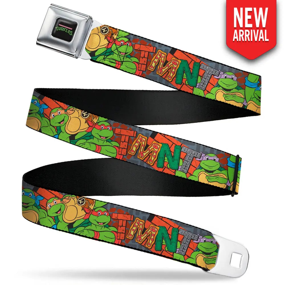 TEENAGE MUTANT NINJA TURTLES Logo Full Color Black Seatbelt Belt - Ninja Turtles TMNT Icons Logo and Group Pose Webbing