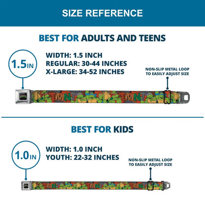 TEENAGE MUTANT NINJA TURTLES Logo Full Color Black Seatbelt Belt - Ninja Turtles TMNT Icons Logo and Group Pose Webbing