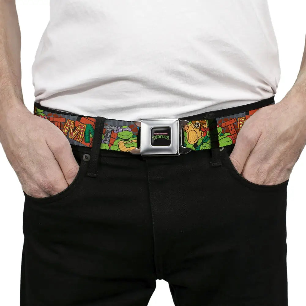 TEENAGE MUTANT NINJA TURTLES Logo Full Color Black Seatbelt Belt - Ninja Turtles TMNT Icons Logo and Group Pose Webbing