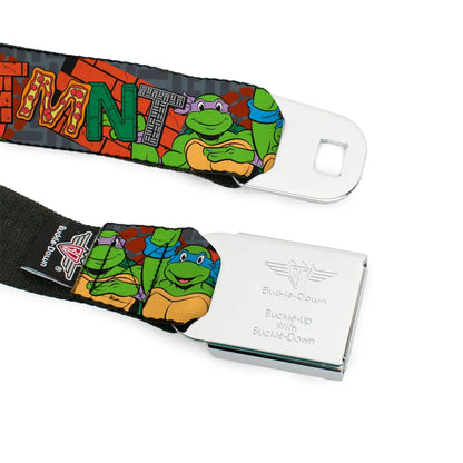 TEENAGE MUTANT NINJA TURTLES Logo Full Color Black Seatbelt Belt - Ninja Turtles TMNT Icons Logo and Group Pose Webbing
