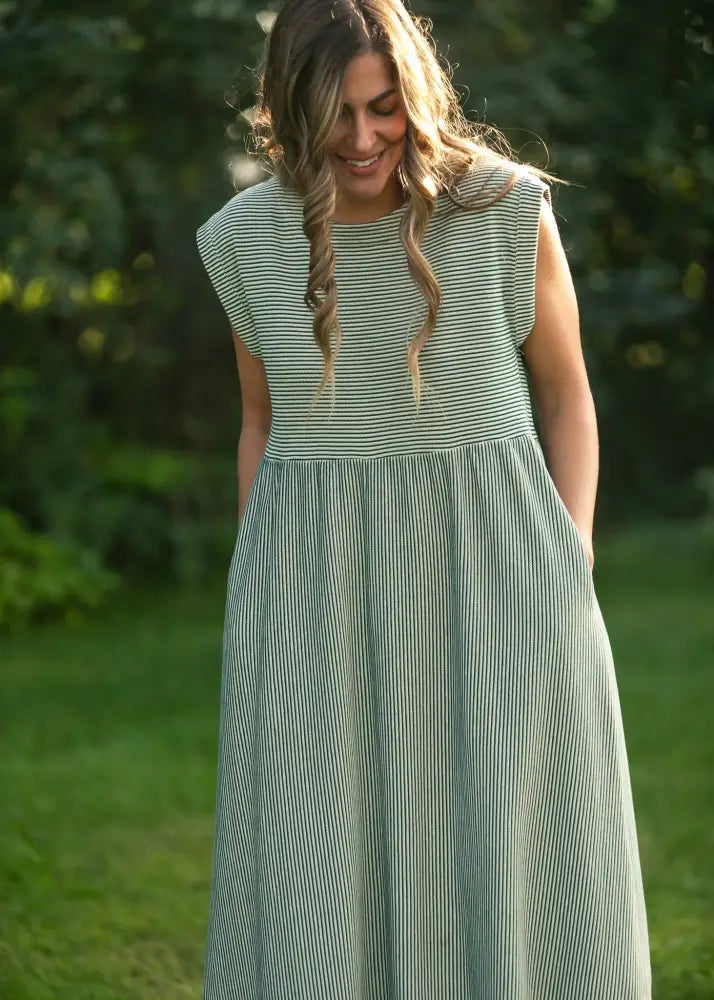 Olivia Green A-line Striped Midi Dress - IC Dresses
