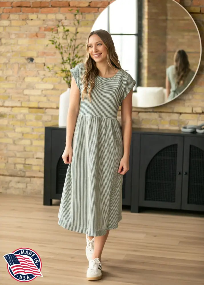 Olivia Green A-line Striped Midi Dress - IC Dresses