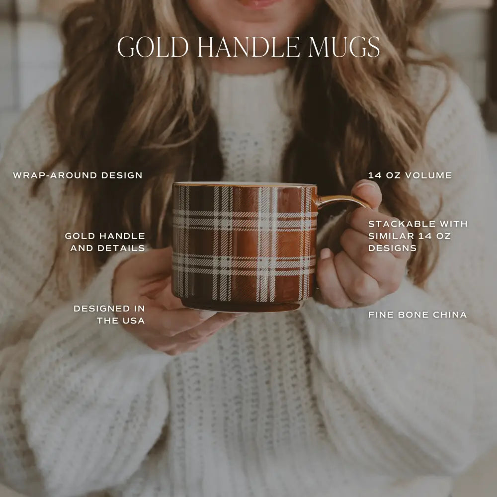 Orange Navy Plaid 14 oz Gold Handle Coffee Mug - Coffee Mugs
