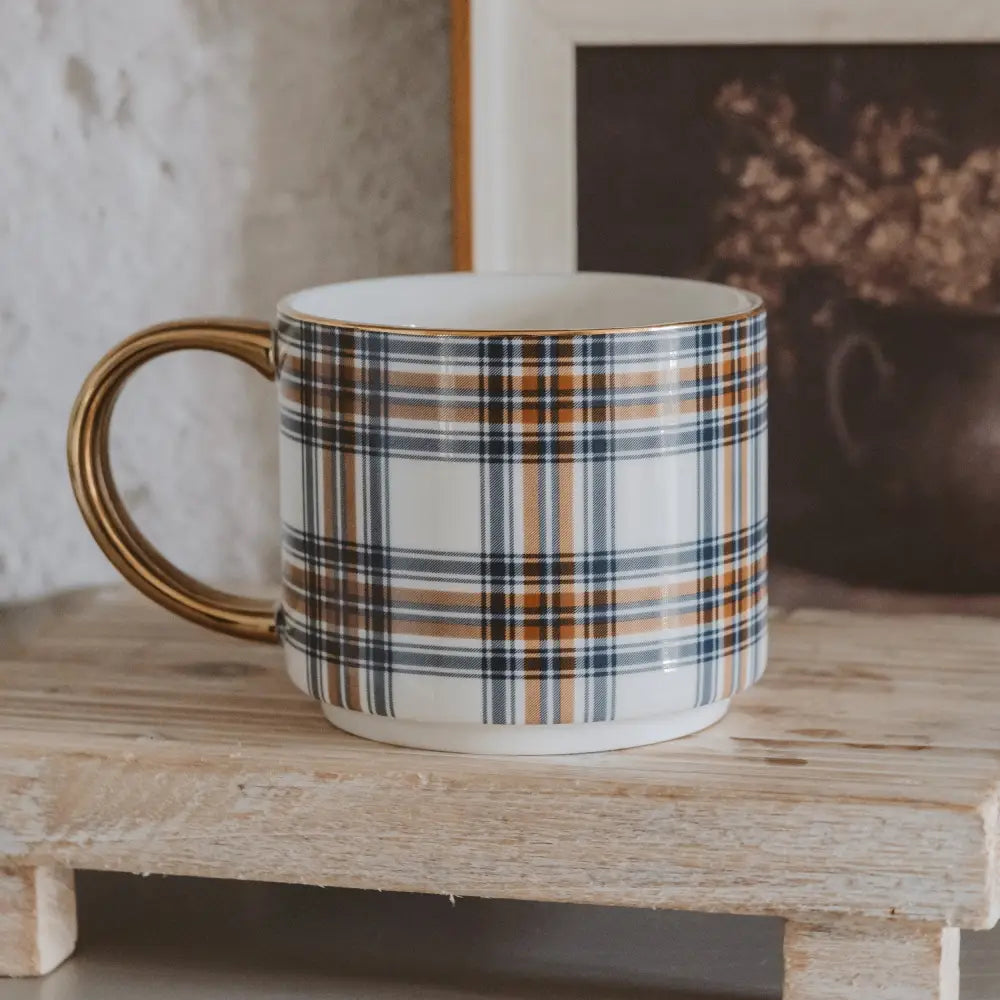 Orange Navy Plaid 14 oz Gold Handle Coffee Mug - Coffee Mugs
