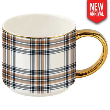 Orange Navy Plaid 14 oz Gold Handle Coffee Mug - Coffee Mugs