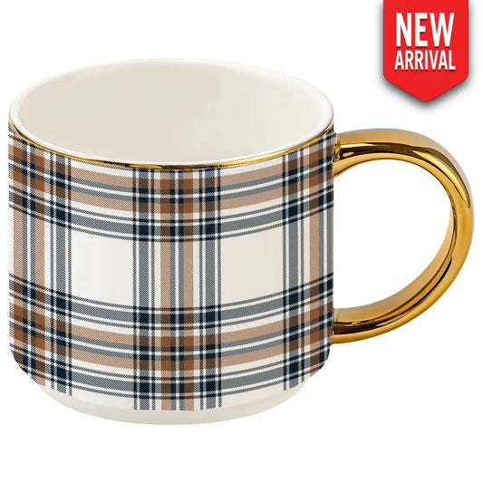 Orange Navy Plaid 14 oz Gold Handle Coffee Mug - Coffee Mugs