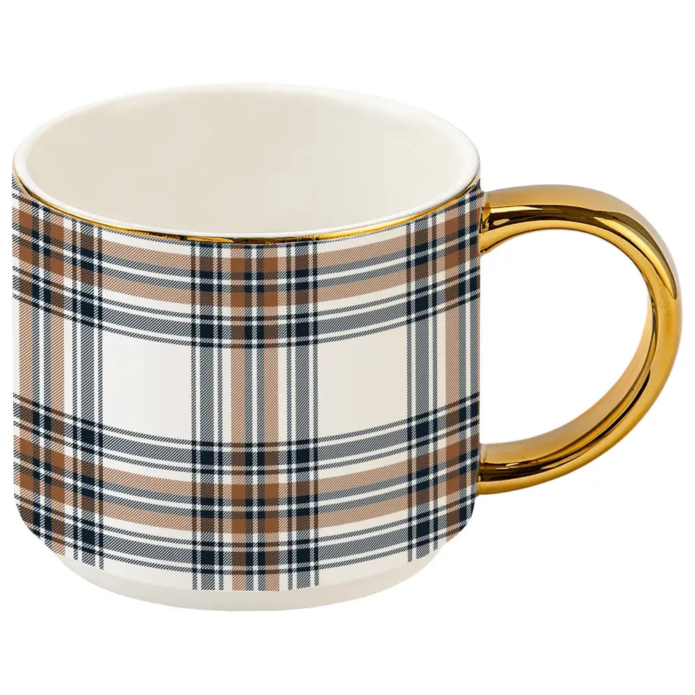 Orange Navy Plaid 14 oz Gold Handle Coffee Mug - Coffee Mugs