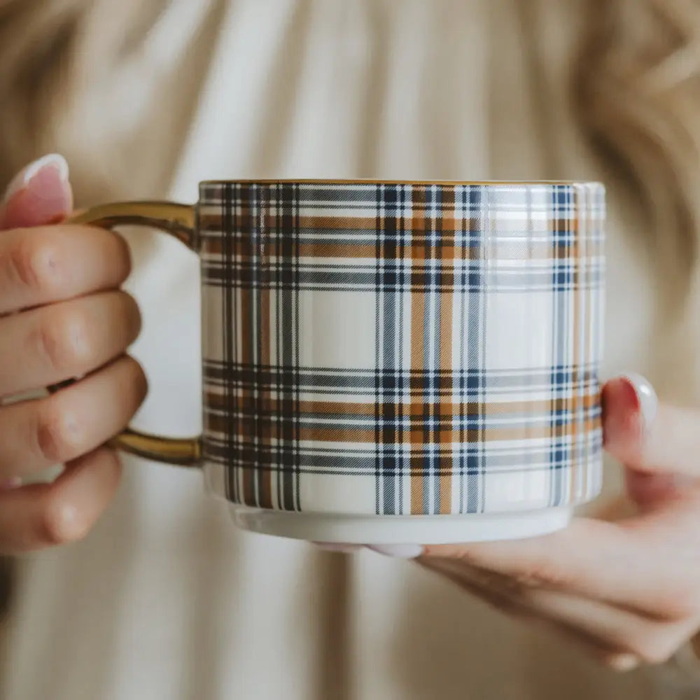 Orange Navy Plaid 14 oz Gold Handle Coffee Mug - Coffee Mugs