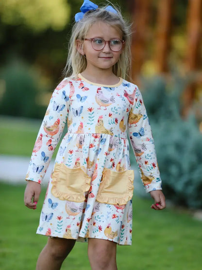 Charming Chicken & Butterfly Girls Dress with Cute Ruffled Pockets Dress