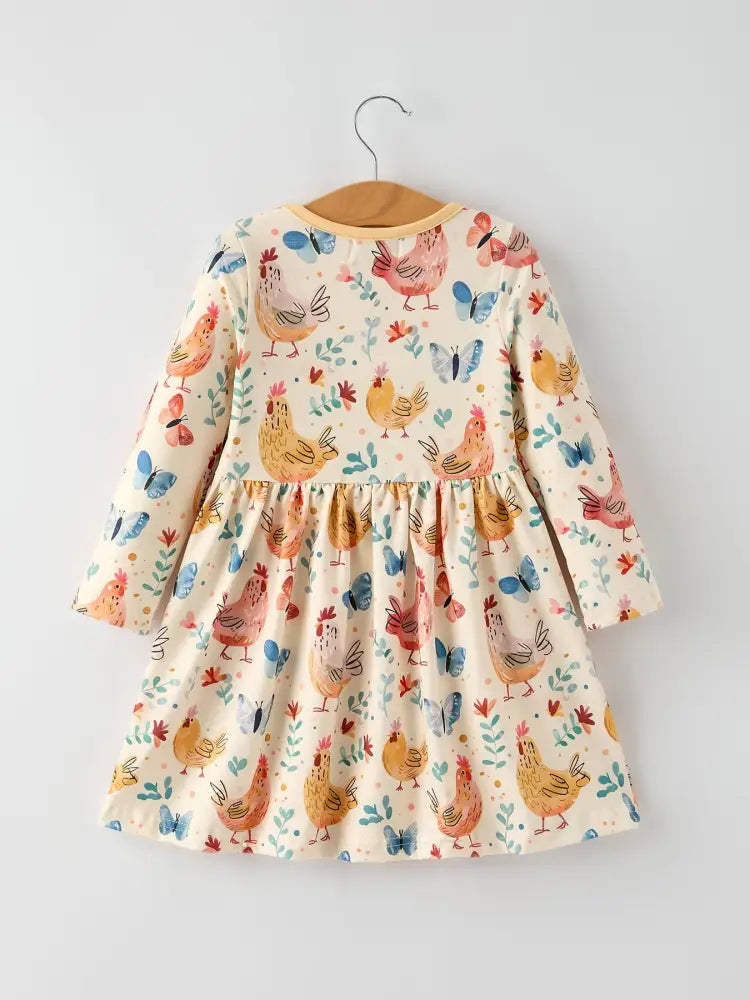 Charming Chicken & Butterfly Girls Dress with Cute Ruffled Pockets Dress