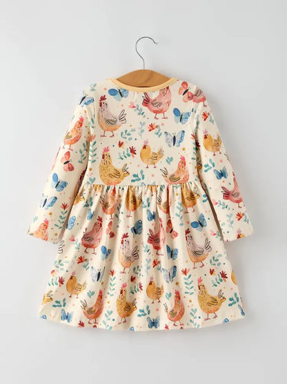 Charming Chicken & Butterfly Girls Dress with Cute Ruffled Pockets Dress