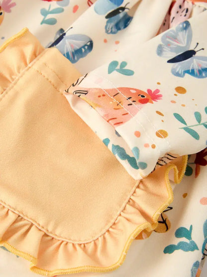 Charming Chicken & Butterfly Girls Dress with Cute Ruffled Pockets Dress