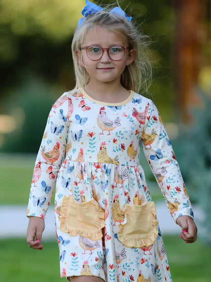 Charming Chicken & Butterfly Girls Dress with Cute Ruffled Pockets Dress