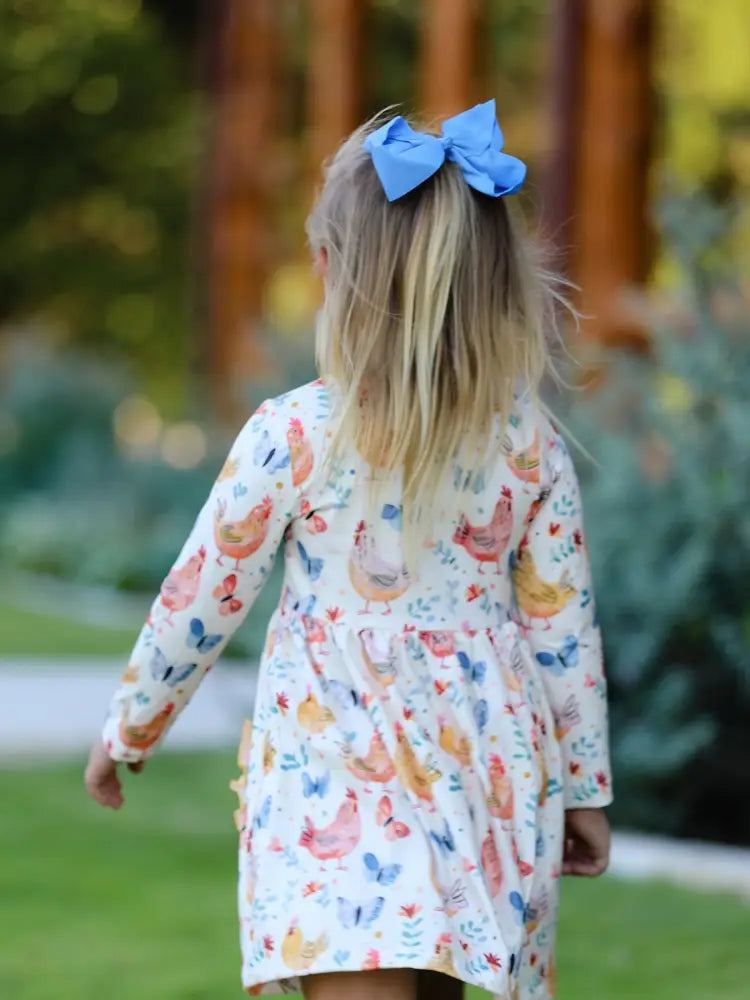 Charming Chicken & Butterfly Girls Dress with Cute Ruffled Pockets Dress