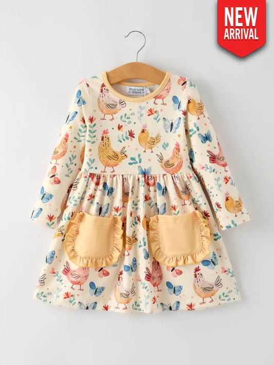 Charming Chicken & Butterfly Girls Dress with Cute Ruffled Pockets Dress