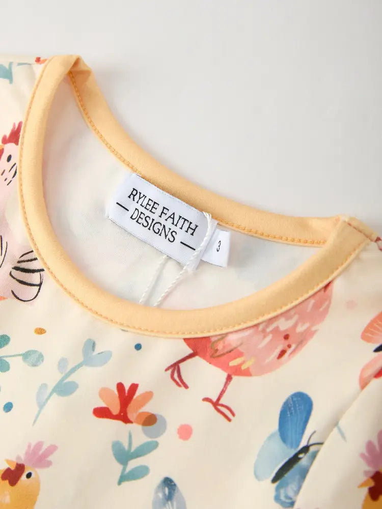 Charming Chicken & Butterfly Girls Dress with Cute Ruffled Pockets Dress
