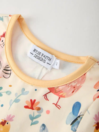 Charming Chicken & Butterfly Girls Dress with Cute Ruffled Pockets Dress