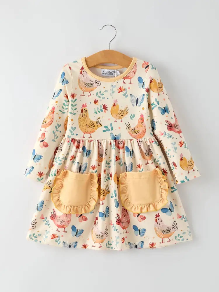 Charming Chicken & Butterfly Girls Dress with Cute Ruffled Pockets Dress