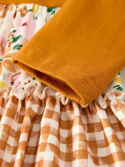 Autumn Patchwork Floral & Plaid Long Sleeve Girls Dress Dress