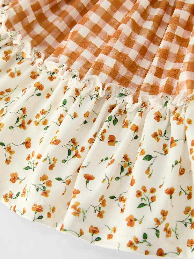 Autumn Patchwork Floral & Plaid Long Sleeve Girls Dress Dress