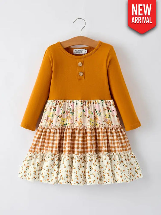 Autumn Patchwork Floral & Plaid Long Sleeve Girls Dress Dress
