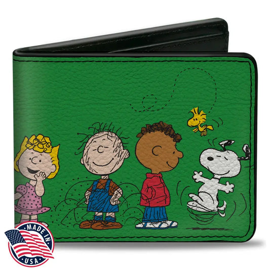 Bi-Fold Wallet - Peanuts Gang Group Pose Green Bi-Fold Wallets