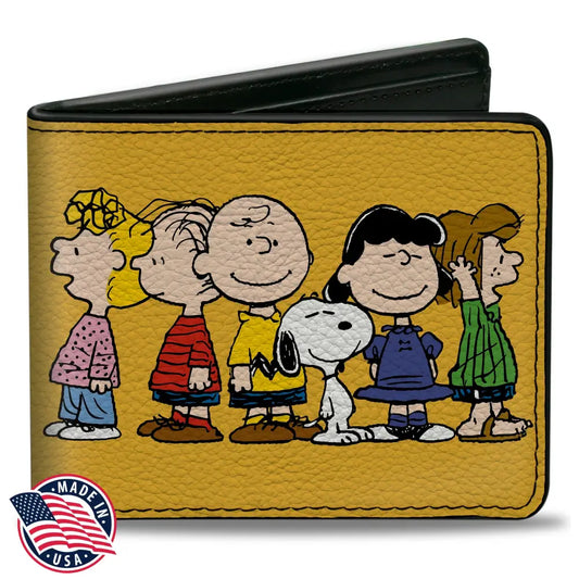 Bi-Fold Wallet - Peanuts Gang Close-Up Group Pose Golden Yellow Bi-Fold Wallets