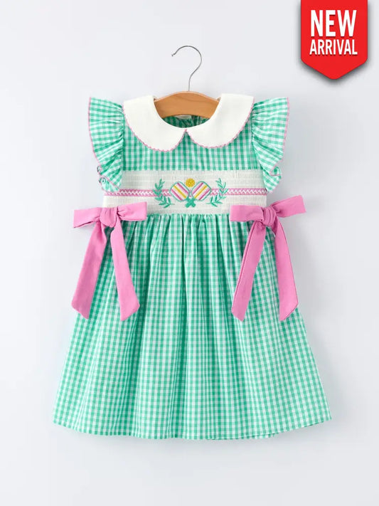 Spring Gingham Bow Ruffle Smocked Pickle Ball Girl Dress Dress