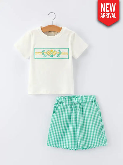 Pickle Ball Spring Gingham Embroidered Smocked Green Boys Shorts Set Outfit