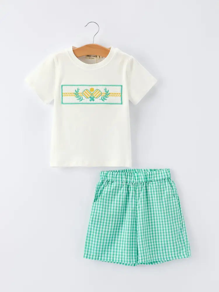 Pickle Ball Spring Gingham Embroidered Smocked Green Boys Shorts Set Outfit