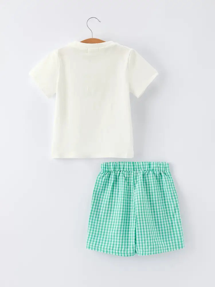 Pickle Ball Spring Gingham Embroidered Smocked Green Boys Shorts Set Outfit