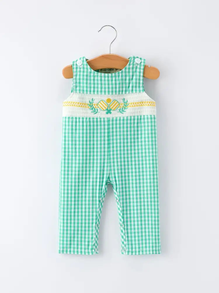 Pickle Ball Embroidered Smocked Green Baby Boys Romper Romper