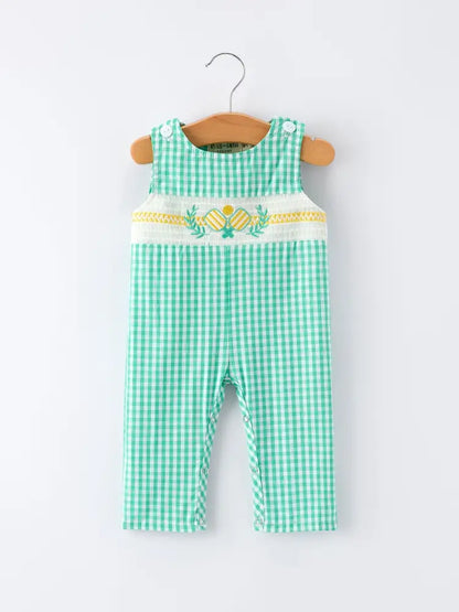 Pickle Ball Embroidered Smocked Green Baby Boys Romper Romper