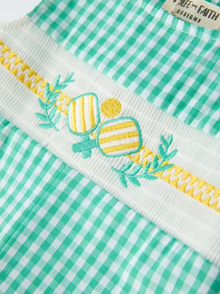 Pickle Ball Embroidered Smocked Green Baby Boys Romper Romper