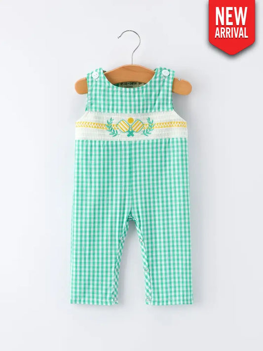 Pickle Ball Embroidered Smocked Green Baby Boys Romper Romper