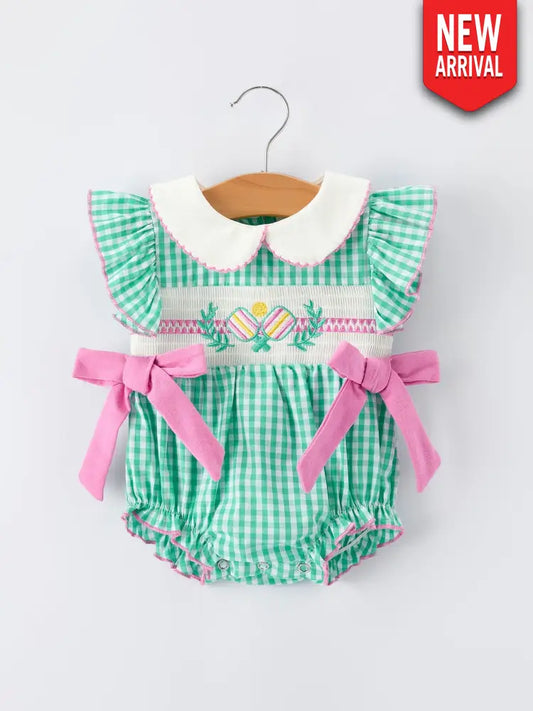 Pickle Ball Bow Ruffle Smocked Green Baby Girl Romper Romper