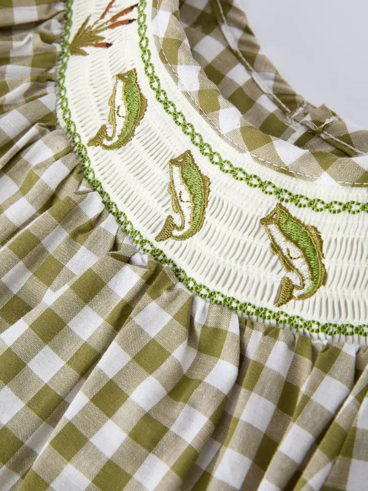 Green Plaid Fish Embroidered Baby Girls Smocked Dress Dress