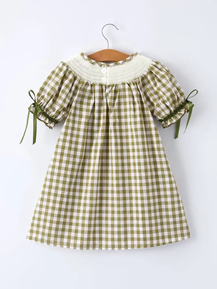 Green Plaid Fish Embroidered Baby Girls Smocked Dress Dress