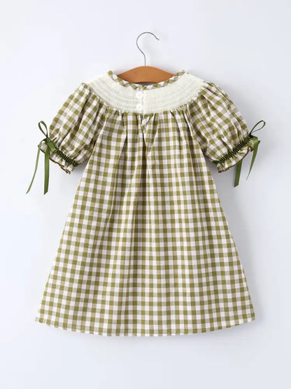 Green Plaid Fish Embroidered Baby Girls Smocked Dress Dress