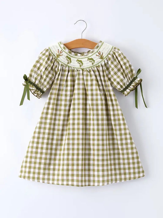 Green Plaid Fish Embroidered Baby Girls Smocked Dress Dress