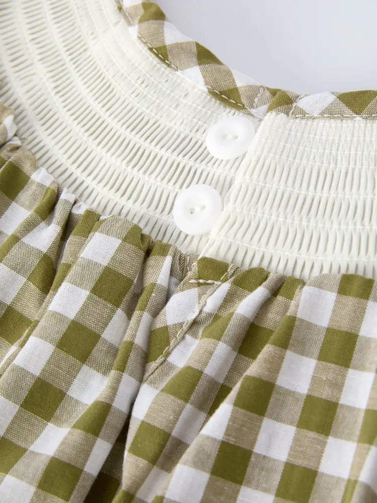 Green Plaid Fish Embroidered Baby Girls Smocked Dress Dress